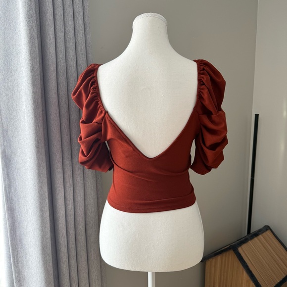 Revamped | women's small Rust Puff Sleeve low cut back wrap front Blouse - Picture 3 of 4